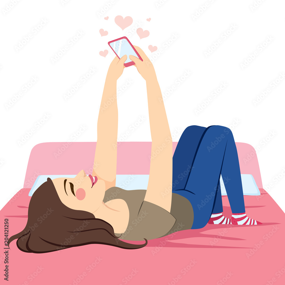 Young Beautiful Teenager Girl Lying On Bed Using Pink Smartphone Stock Vector Adobe Stock