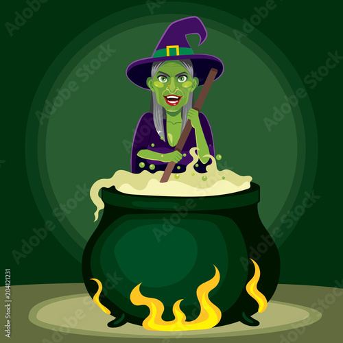 Old evil witch preparing magic poison potion on cauldron