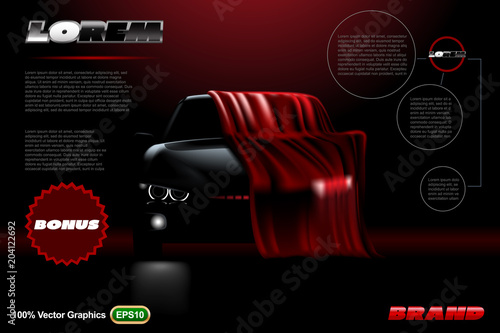 Covered car template on black background.  Mock up is ready to be converted to your business needs.  Realistic image