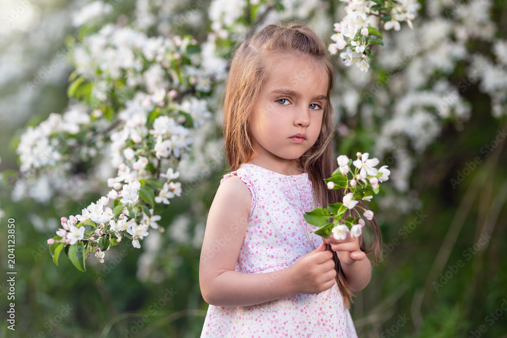 Beautiful girl in blooming apple tree garden enjoy warm spring day Beautiful girl in blooming apple tree garden enjoy warm spring day