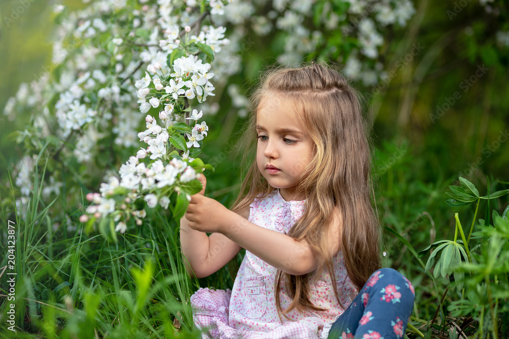 Beautiful girl in blooming apple tree garden enjoy warm spring day Beautiful girl in blooming apple tree garden enjoy warm spring day