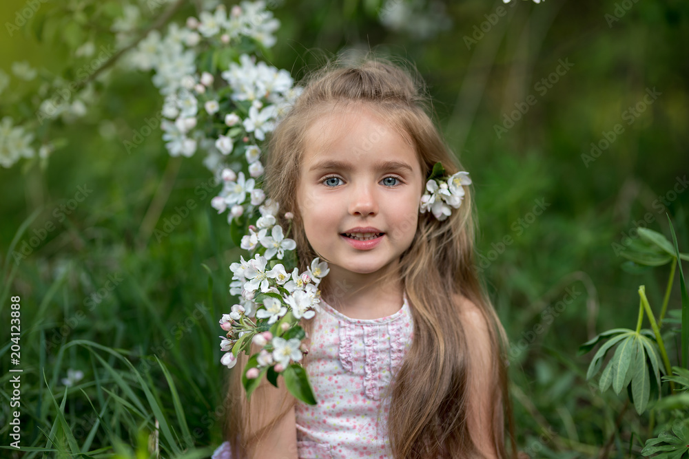 Beautiful girl in blooming apple tree garden enjoy warm spring day Beautiful girl in blooming apple tree garden enjoy warm spring day