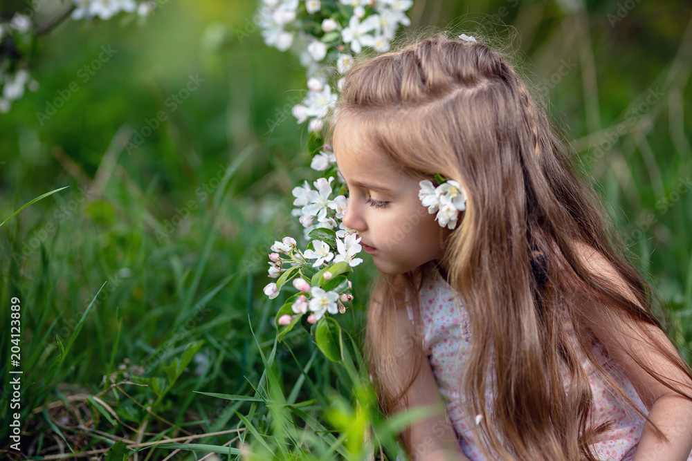 Beautiful girl in blooming apple tree garden enjoy warm spring day Beautiful girl in blooming apple tree garden enjoy warm spring day