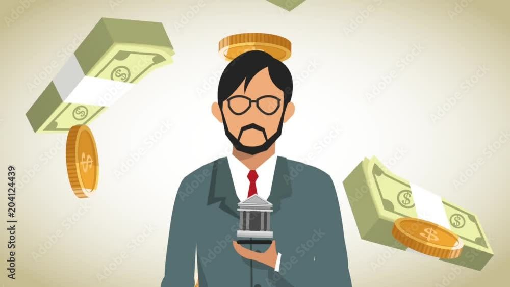 Businessman using bank app with smartphone over money falling background High Definition animation colorful scenes Businessman using bank app with smartphone over money falling background High Definition animation colorful scenes
