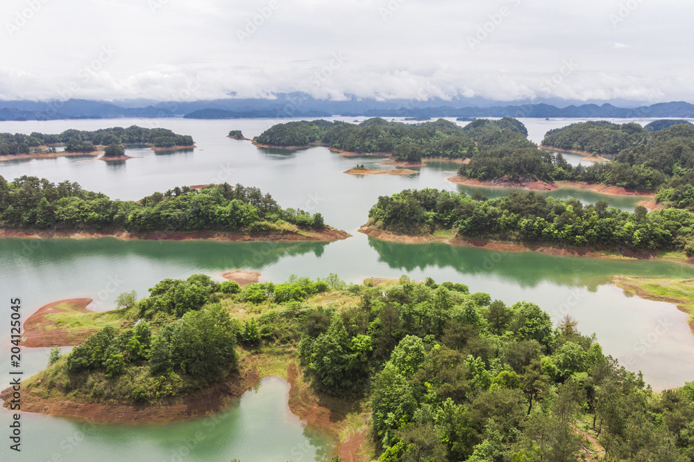 Aerial View of Thousand Island Lake. Bird View of Freshwater Qiandaohu. Sunken Valley in Chun’an Country, Hangzhou, Zhejiang Province, China Mainland.