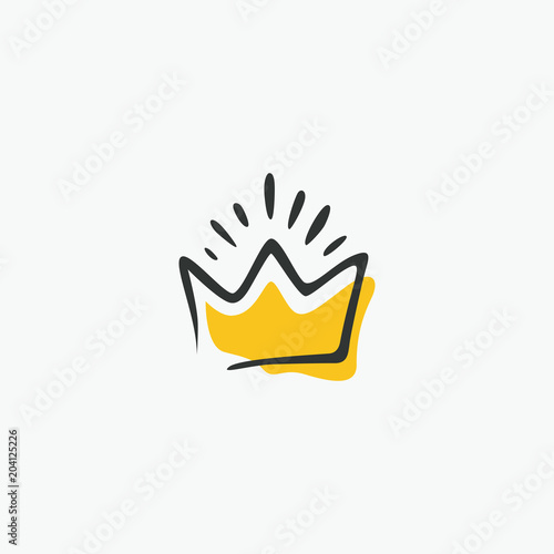 Graphic modernist element drawn by hand. royal crown of gold. Isolated on white background. Vector illustration. Logotype, logo