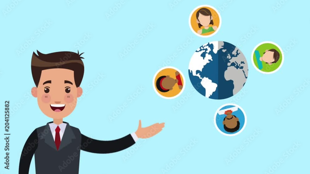 Businessman showing people around the world cartoon concept High Definition animation colorful scenes Businessman showing people around the world cartoon concept High Definition animation colorful scenes