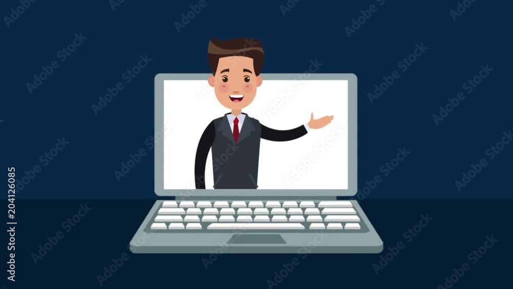 Businessman on laptop over blue background High Definition animation colorful scenes Businessman on laptop over blue background High Definition animation colorful scenes