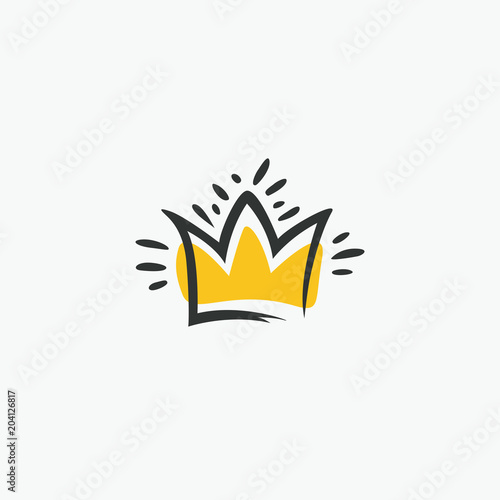 Graphic modernist element drawn by hand. royal crown of gold. Isolated on white background. Vector illustration. Logotype, logo