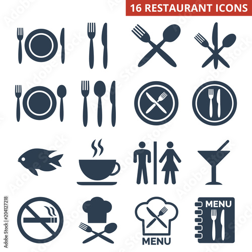 Restaurant icons set on white background.