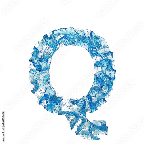 Alphabet letter Q uppercase. Liquid font made of blue transparent water. 3D render isolated on white background.