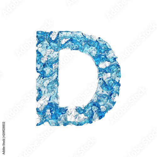 Alphabet letter D uppercase. Liquid font made of blue transparent water. 3D render isolated on white background.