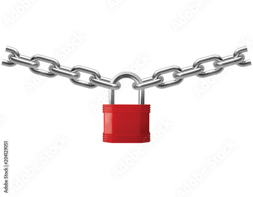 Closed lock hanging on chain isolated on white. Realistic vector 3d illustration