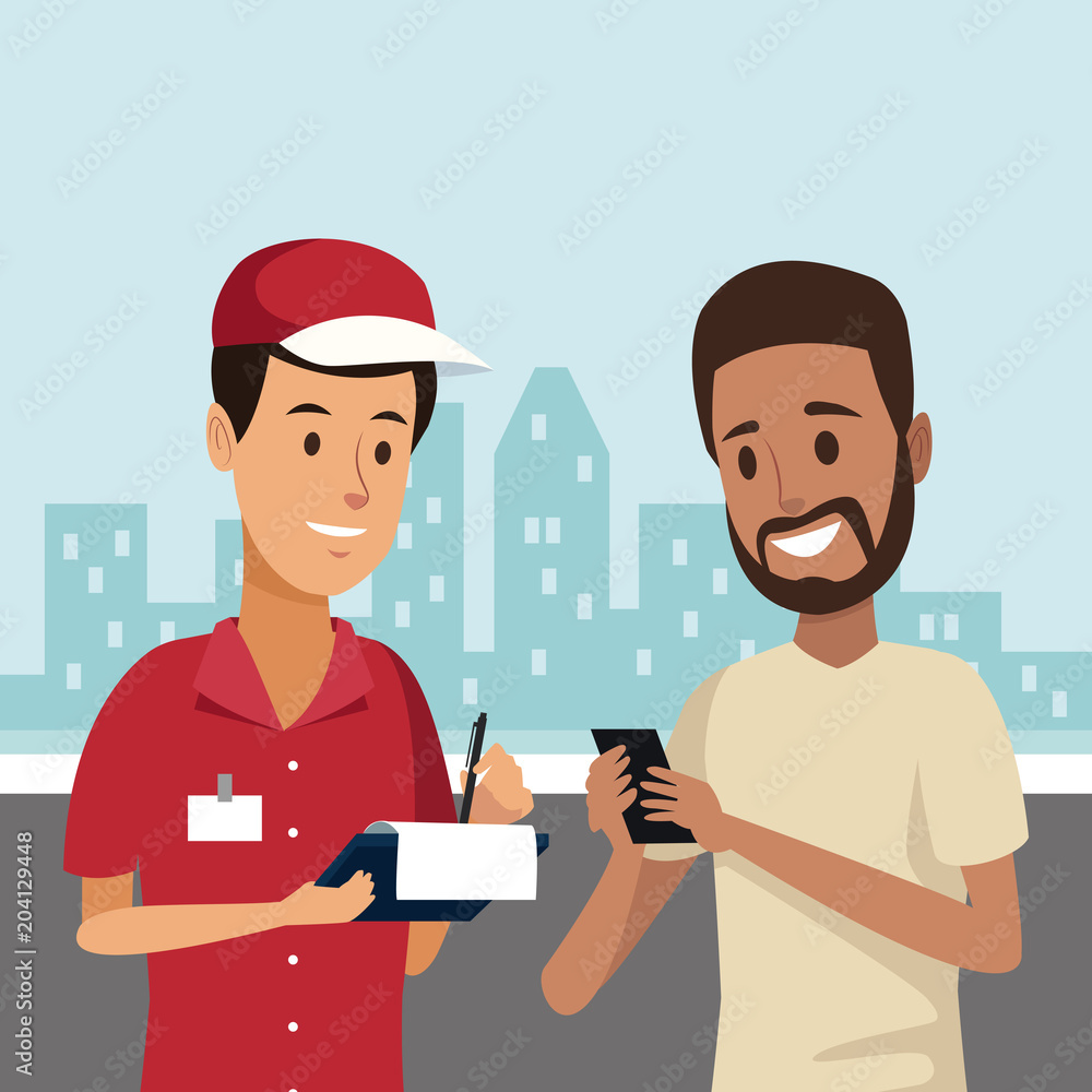 Fototapeta premium Courier delivering package cartoon vector illustration graphic design