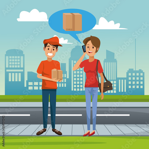 Courier delivering package cartoon vector illustration graphic design