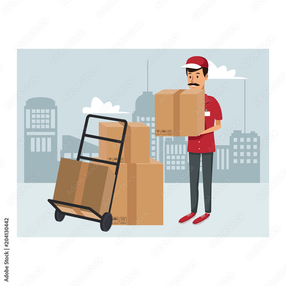 Courier with box on handtruck vector illustration graphic design Courier with box on handtruck vector illustration graphic design