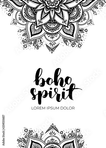 Abstract mandala banner design. Vector creative illustration with oriental boho elements. Black isolated theme flyers template