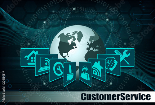 Blue design with globe silhouettes and internet signs arranged fan.