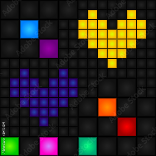 Seamless, pixel pattern with blue and yellow hearts and multicolored squares. Vector. LED-Display.