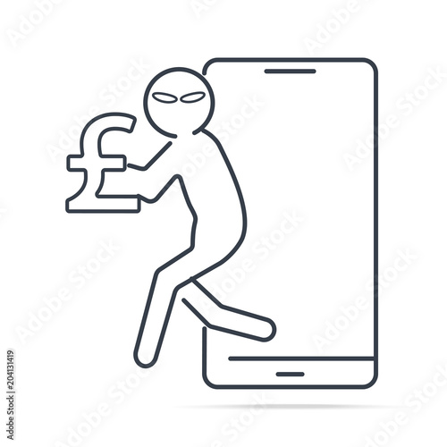 Hacker or Thief stealing money from smartphone and Pound GBP sign icon