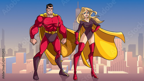 Illustration of happy and smiling superhero couple, standing tall on rooftop above the city.