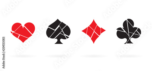 Broken playing card suits icon set. Isolated vector.