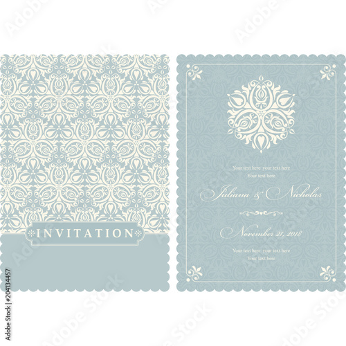 Wedding  Invitation  with baroque pattern. Size: 5" x 7". Beautiful Victorian ornament. Frame with floral elements.  The front and back side. 
