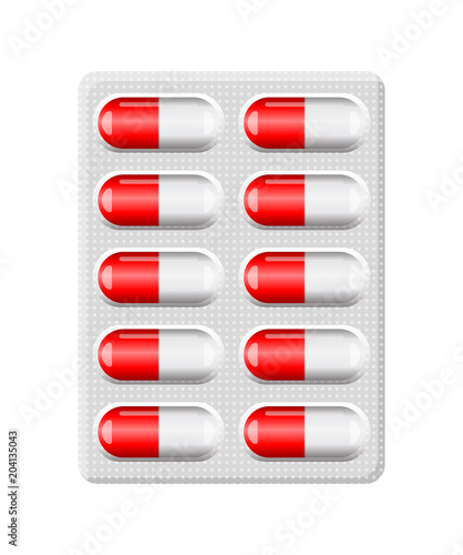 red capsule pill blister pack isolated on white background