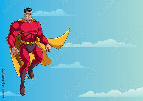 Full length illustration of happy cartoon superhero wearing cape and red costume while flying up in the sky.