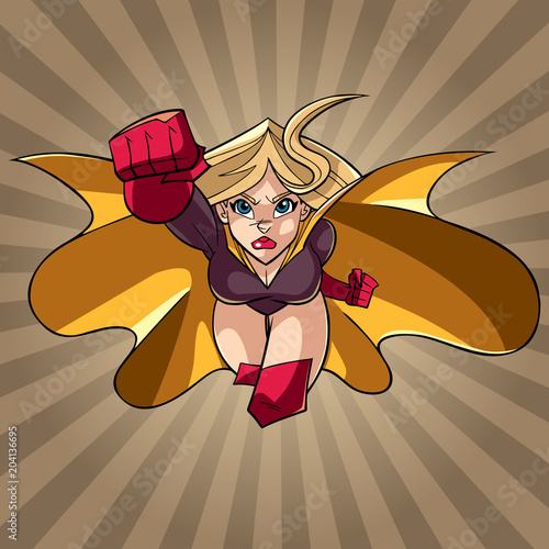 Front view full length illustration of determined and powerful superheroine wearing cape and red costume while flying over abstract background.
