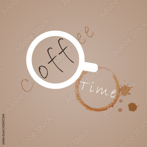 White coffee cup on top of coffee text, Vector coffee break concept.
