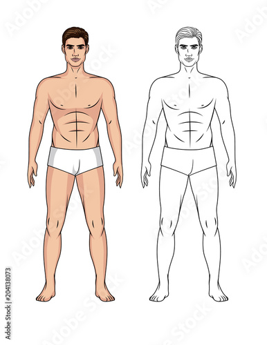 Vector set of cartoon and line art illustration of a handsome fit guy isolated from background. Paper doll of a man in front at full length