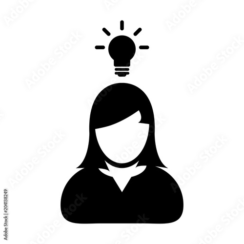 Entrepreneur icon vector female person profile avatar symbol with bulb for creative idea for business Development in Glyph Pictogram illustration