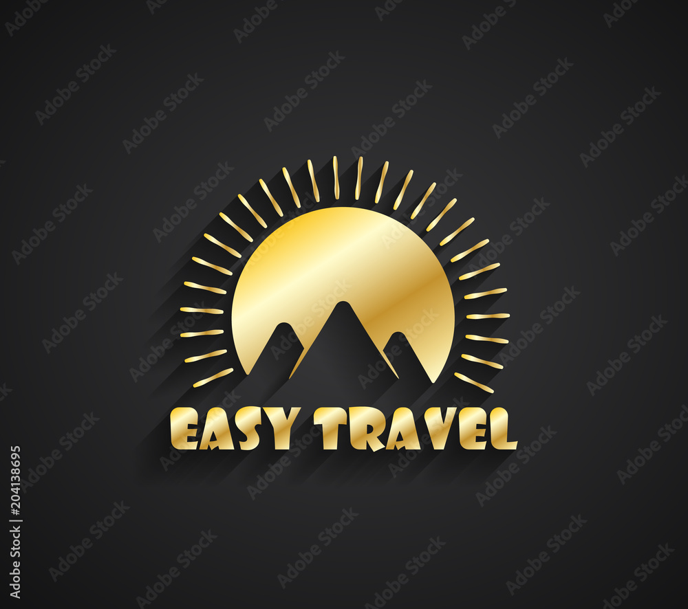 Fototapeta premium Travel Logo with gold mountains on the sunset background and shadow