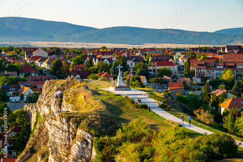 фотографія Aerial view of monument from Castle hill in the evening in Veszprem, Hungary