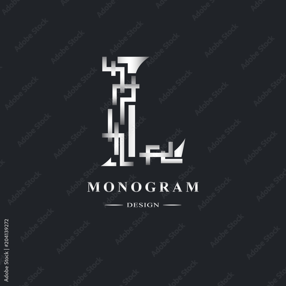 Abstract Capital letter L. Graceful Linear style. Geometric Strict design. Beautiful logo. Silver emblem for book design, brand name, business card, Restaurant, Boutique, Hotel. Vector illustration