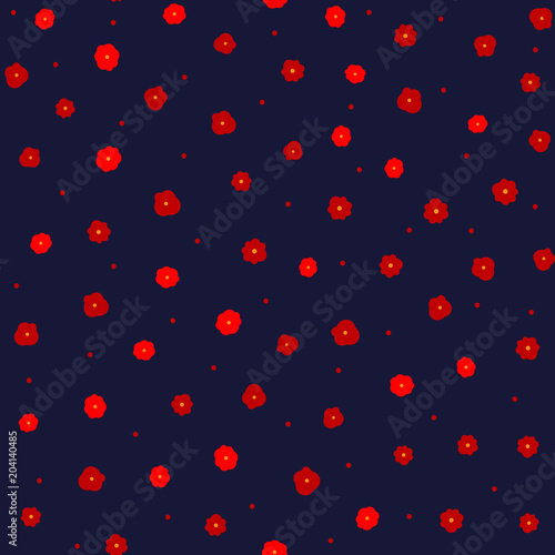 Repeated small cute flowers and round dots. Simple floral seamless pattern. Endless feminine print.