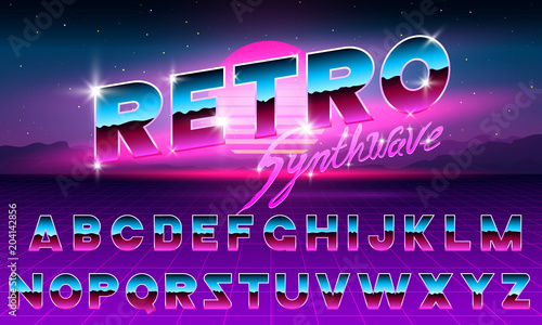 80 s purple neon retro font. Futuristic metal chrome letters. Bright Alphabet on dark background. Light Symbols Sign for night show in club. concept of galaxy space. Set of types. Outlined version.
