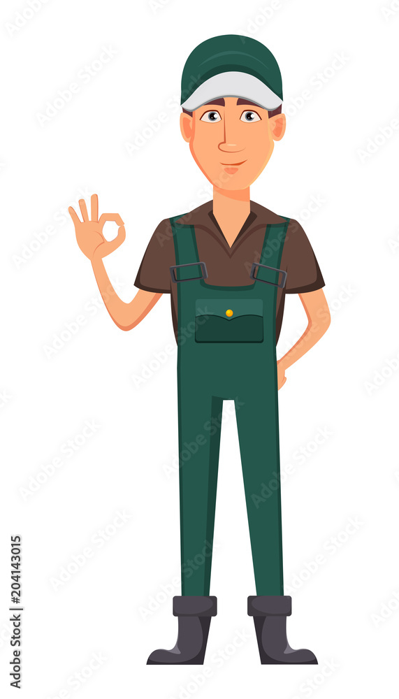 Gardener man, cartoon character in uniform Gardener man, cartoon character in uniform