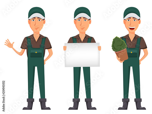 Gardener man, cartoon character in uniform