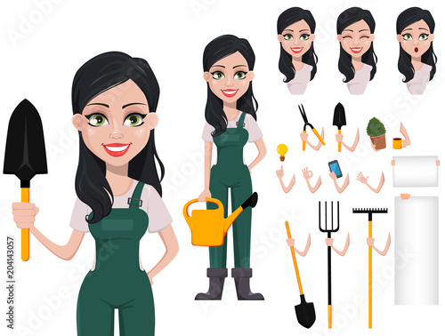 Gardener woman, cartoon character in uniform