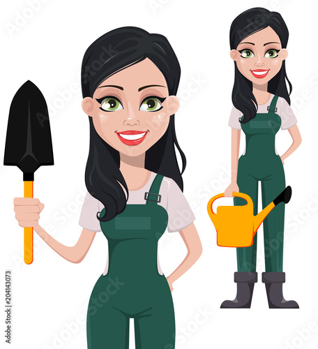 Gardener woman, cartoon character in uniform