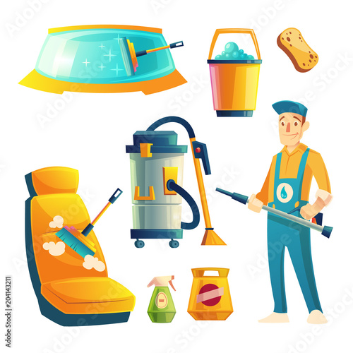 Vector set of manual car washing service with cartoon character. Automobile service with guy for cleaning transport by liquid detergent, brushes. Collection isolated on white background.