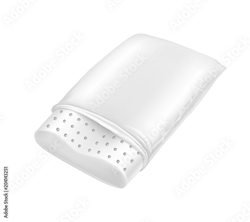 Vector 3d realistic orthopedic pillow from natural latex. White square cozy cushion for rest, sleeping. Comfortable bedding with orthopaedic, therapeutic effect