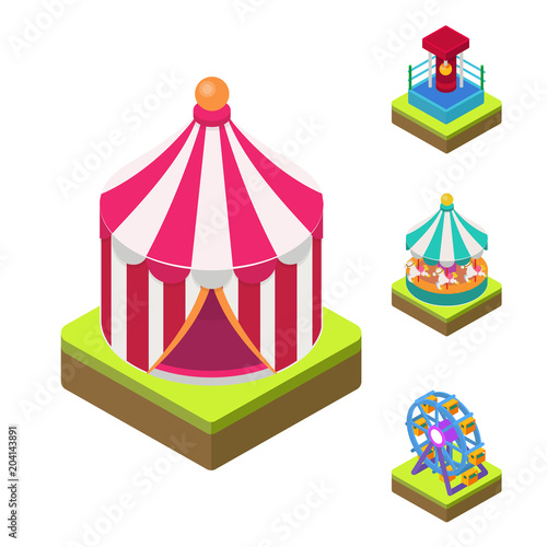 Circus isometric show entertainment tent marquee outdoor festival with stripes and flags carnival signs