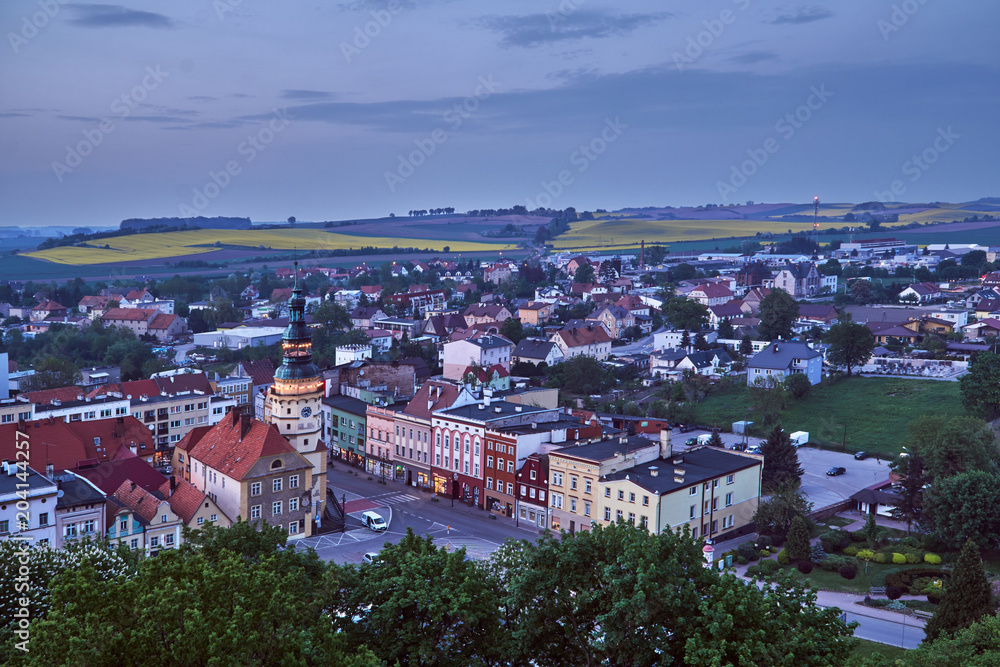 Bird's eye view of the town hall and evening market in Otmuchow.