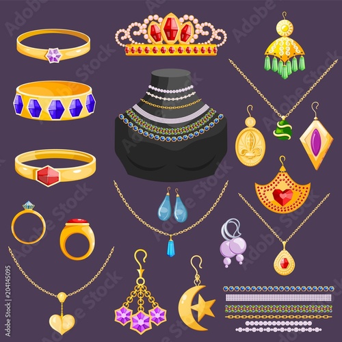 Jewelry vector jewellery gold bracelet necklace earrings and silver rings with diamonds jewel accessories set illustration isolated on background