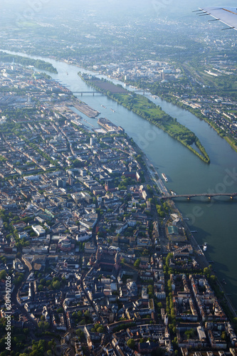 Aerial view of Mainz on the Rhine river. City, river, island and bridges.