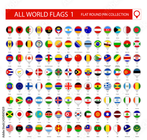 Flat Round Pin Icons of All World Flags. Part 1