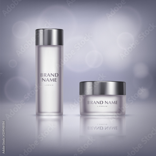 Vector promotion banner with glass jar for cosmetic product, hand cream, facial mask and bottle for body lotion or shampoo isolated on background. Skincare package set, mockup for brand design